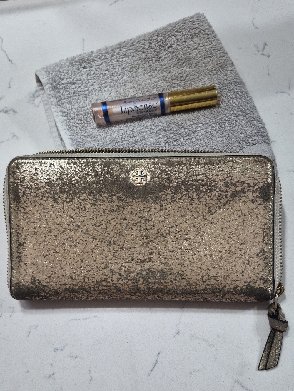 Tory Burch Gold Metallic Zip Wallet with Logo